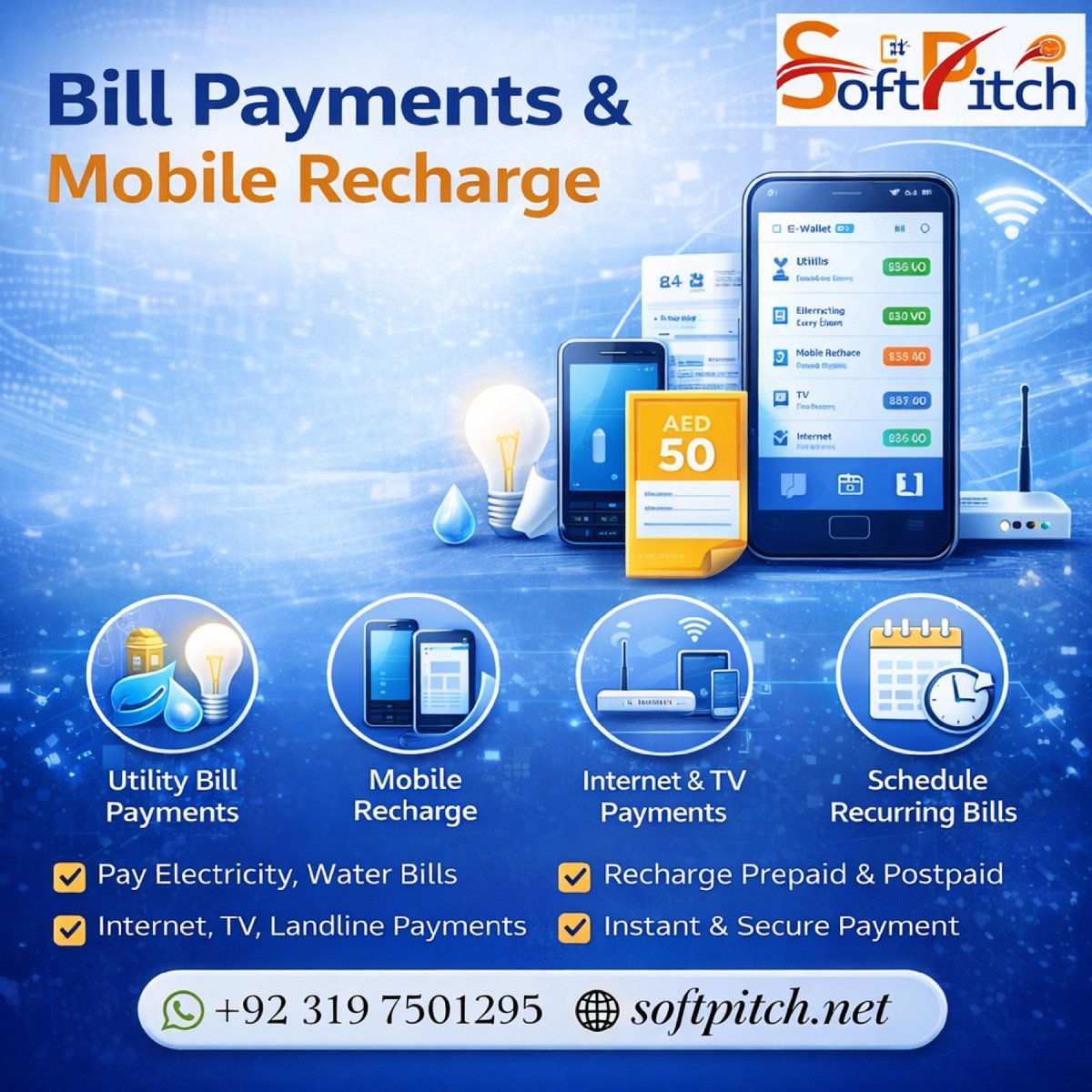 software95562's tweet image. Simplify your life with fast and secure Bill Payments &amp;amp; Mobile Recharge services. 
📞+92 319 7501295🌐softpitch.net
#BillPayment #MobileRecharge #OnlinePayments #DigitalWallet #UtilityBills #RechargeOnline #Fintech #SecurePayments #InstantPayment #EasyPayments