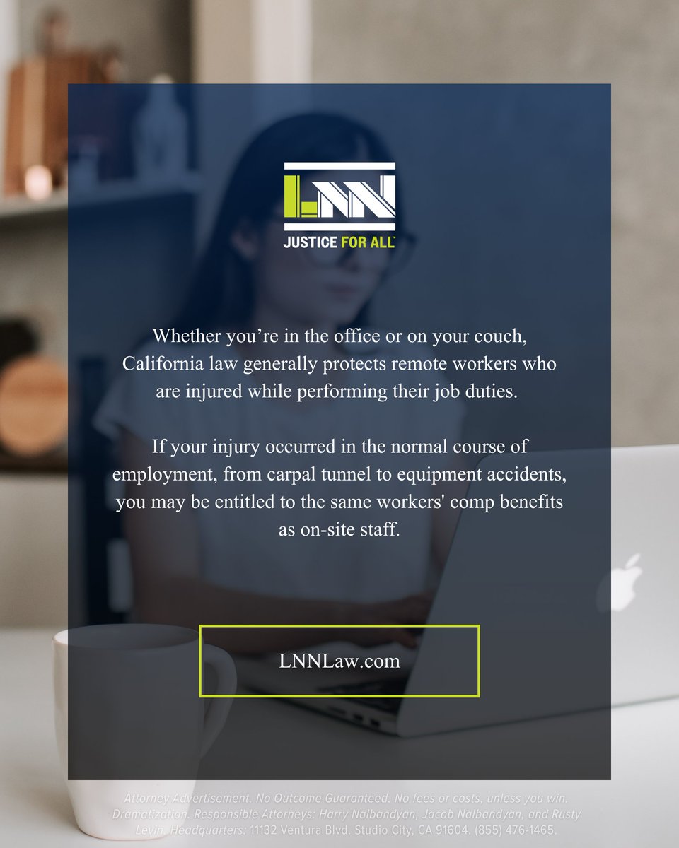 LNN_Law's tweet image. California law generally protects #remoteworkers injured while performing their job duties. If your injury occurred in the normal course of employment, you may be entitled to the exact same workers' comp benefits as on-site staff. #WorkersComp

Read more: bit.ly/3Q1jpDq
