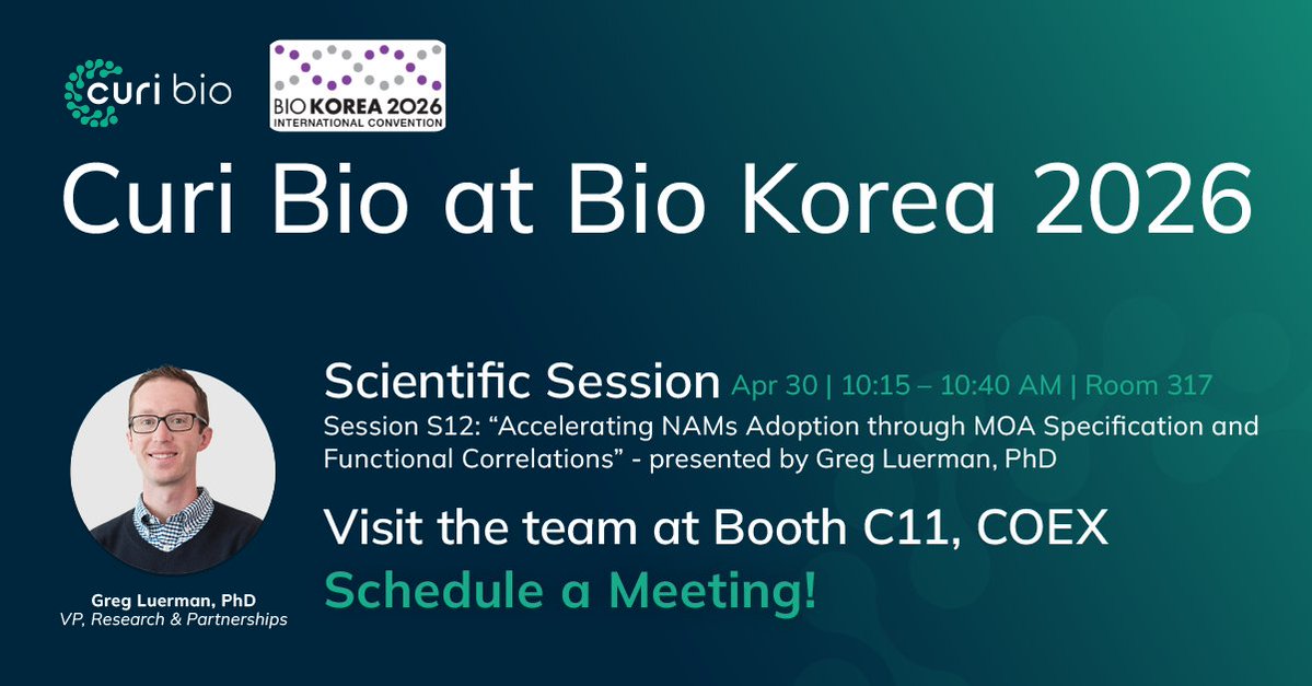 Curi_Bio's tweet image. Heading to #BioKorea2026? 🌆
Stop by Booth C11 to meet the @Curi_Bio Korea team! Learn how our 3D engineered human tissues &amp;amp; MOA specification are bridging the gap to clinical reality.🎙️Don't miss our talk Apr 30, Room 317! Book a meeting: hubs.ly/Q04b-Wc80
#NAMs #Biotech