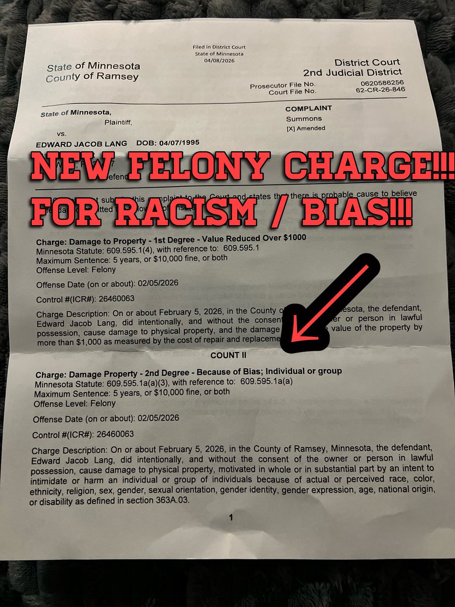 JakeLang's tweet image. 🚨 BREAKING:

I was just charged with ANOTHER FELONY for knocking over the ‘Prosecute ICE’ cubes abomination at Minnesota State Capitol 😲

2nd FELONY: Damage to Property - Second Degree - Because of Bias

They claim me knocking over the ice cubes was ‘racist’

CLOWN WORLD!! 🤡