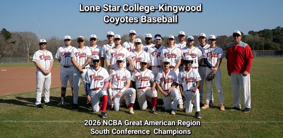 CoyotesBasebal1's tweet photo. Lone Star College-Kingwood Coyotes Baseball is D NCBA D2's Great American Region South Conference Champions... 2026! They'll B heading 2 Little Rock, AR 4D Conf Tourney (5/1-5/3) 4 an opportunity 2 play in D NCBA World Series in Alton, IL (5/15-5/19). Let's Play Ball Coyotes! https://t.co/KVapqrtxle
