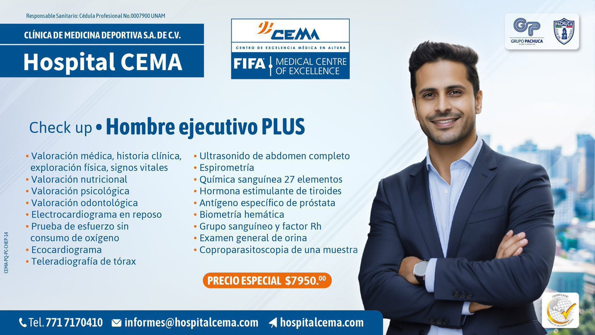 Vive con energía, trabaja con seguridad.

Hazte el Check up Hombre Ejecutivo PLUS y accede a:
*Estudios completos. 
*Atención profesional.
*Resultados confiables.

Agenda tu cita hoy: 7717170410.

 #CuidadoMédico #HospitalCEMA