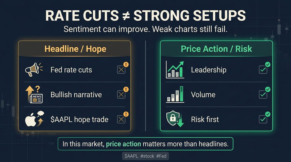 BrWilliamsn's tweet image. Rate cuts can lift sentiment, but they do not fix weak setups. In this market, price action matters more than headlines. Watch leadership, volume, and risk first, not hope on $AAPL.#stock #Fed