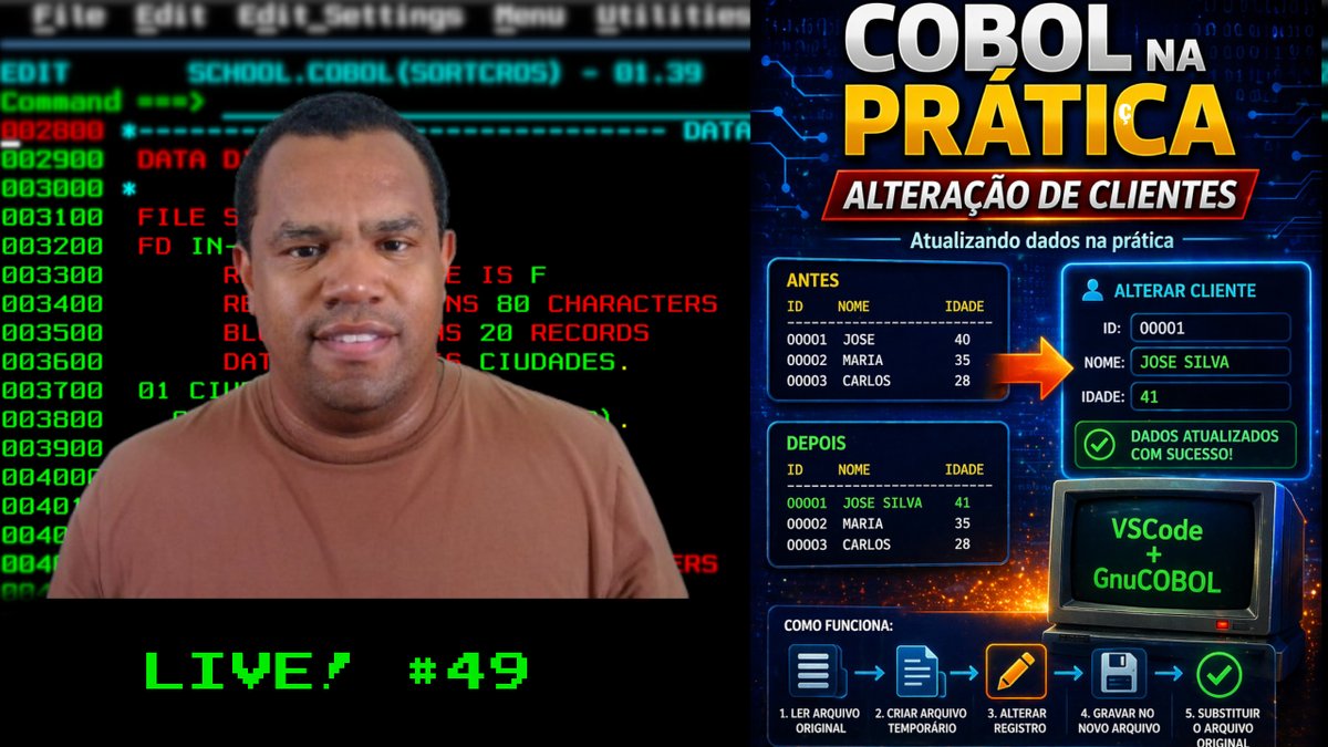coboldicas's tweet image. 💻 Live #49 concluída!

Alteração de clientes em COBOL (atualizando dados na prática).

VSCode + GnuCOBOL.

📺 youtube.com/live/dec0BFvBo…

#COBOL #Mainframe #Programação