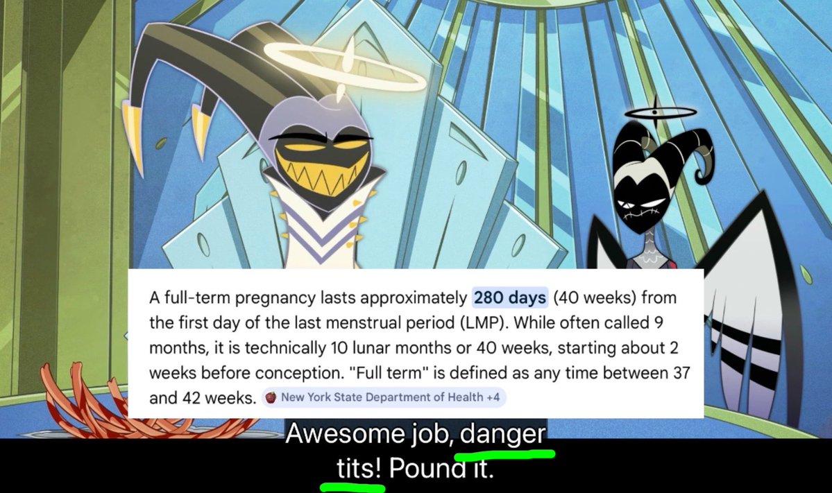 J50970800's tweet image. I think I get it now. Lute might have children.

1-275
2-275 is the same number of days as being pregnant for 9 months.
3- She had fraternal twins.
4- Chances are they might be hellborn.
#Hazbinhotal #Lute #Hazbinhotallute