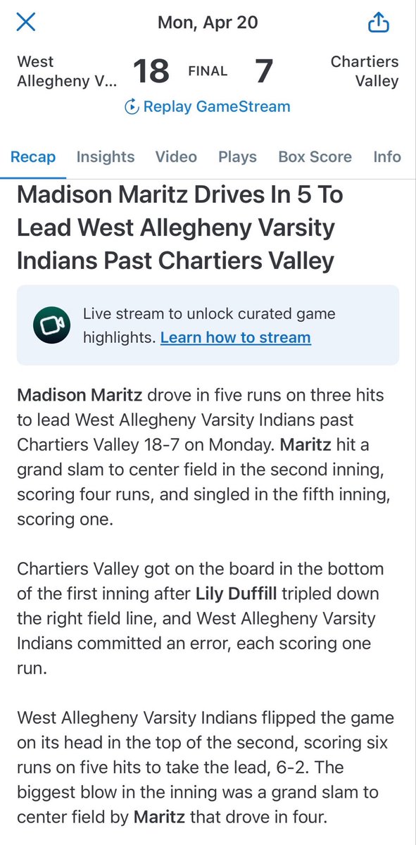 madisonmaritz25's tweet photo. Great team effort in a statement section win that moved us back into first place! Today I went 3 for 5 with 5 RBI’s and my first HS grand slam! @teampahall @westasoftball 

@PA_recruit @gobigrecruiting @SSN_Softball @PL_sbrecruiting @sethx917 @CoastRecruits 

@theREALmcoutts @CoachJexx_RMU @Coach_Jo4444 @btholl @CoachBrundage @coach_crowell @Coach2K_OSU @Coach_mcGuem @cailey_joyce @ZipsCoachZ @CoachJenSteele @CoachBellisari @sbcamps @jmrw20 @AshleyWadeUNCW @MaggieMrowka @CoachPamLondon @RachelWarrens 

@MSU_Softball @RMUSoftball @umichsoftball @ZipsSB @Pitt_SB @PennStateSB @sacredheartsb @Delaware_SB @DrexelSoftball @UConnSoftball @OhioStateSB @NDsoftball @CofCSoftball @UNCWsoftball @MasonSoftball @RhodySoftball @FAUSoftball @KentStSoftball @UKsoftball
