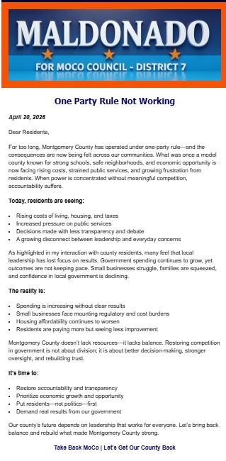 MocoResistance's tweet photo. 🇺🇸 One Party Rule Not Working: Lack of objectivity, accountability, and transparency are hallmarks of what residents are experiencing in #MoCo.

We are in crisis and we need to stop voting for the one party rule, which is clearly not working.

We are fighting to:

🔶Restore accountability and fiscal discipline
🔶Lower costs and support working families
🔶Strengthen the local economy and small businesses
 
#TakeBackMoCo
#LetsGetOurCountyBack

Full newsletter link:
https://t.co/qsWngm2VCT