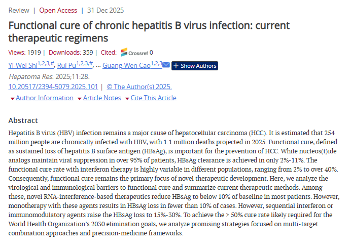 HepatomaRes's tweet image. 🧬 Functional Cure of Chronic HBV: Current Therapeutic Regimens

HBV remains a major driver of HCC worldwide. Achieving a functional cure (HBsAg loss) is now a key therapeutic goal.

🔗f.oaes.cc/xmlpdf/publish…
#HBV #HCC #HepatitisB #LiverDisease
