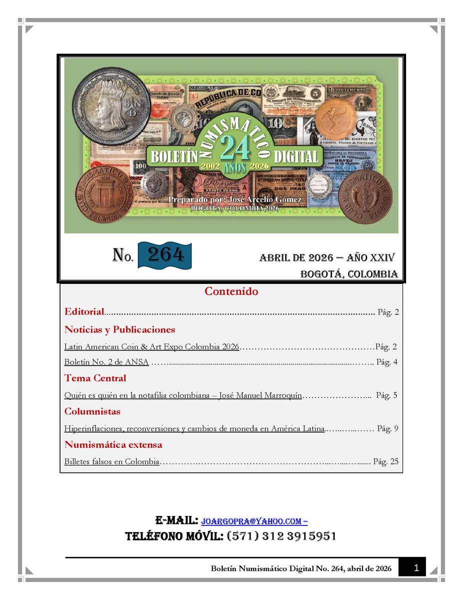 MasColeccion's tweet photo. Circula el número 264 del Boletín Numismático Digital preparado por José Arcelio Gómez Prada. https://t.co/y9j3C0j0jj https://t.co/9xP9GNs5z3