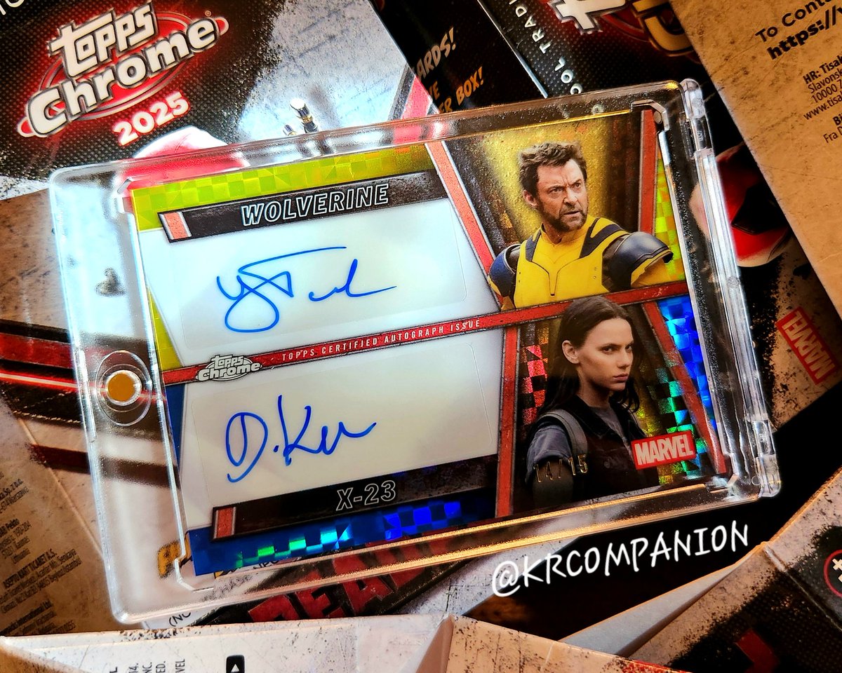 KRCompanion's tweet image. Had a gut feelin' the best autos for #Topps #Chrome #DeadpoolAndWolverine somehow ended up in blaster boxes. Bought a case from @SCCTradingCards - and it look what I pulled from it Bub! 14/15 Dual auto of #HughJackman &amp;amp; #DafneKeen! @Topps #HobbyHavoc @TheWorldClassBS @_fett4hire