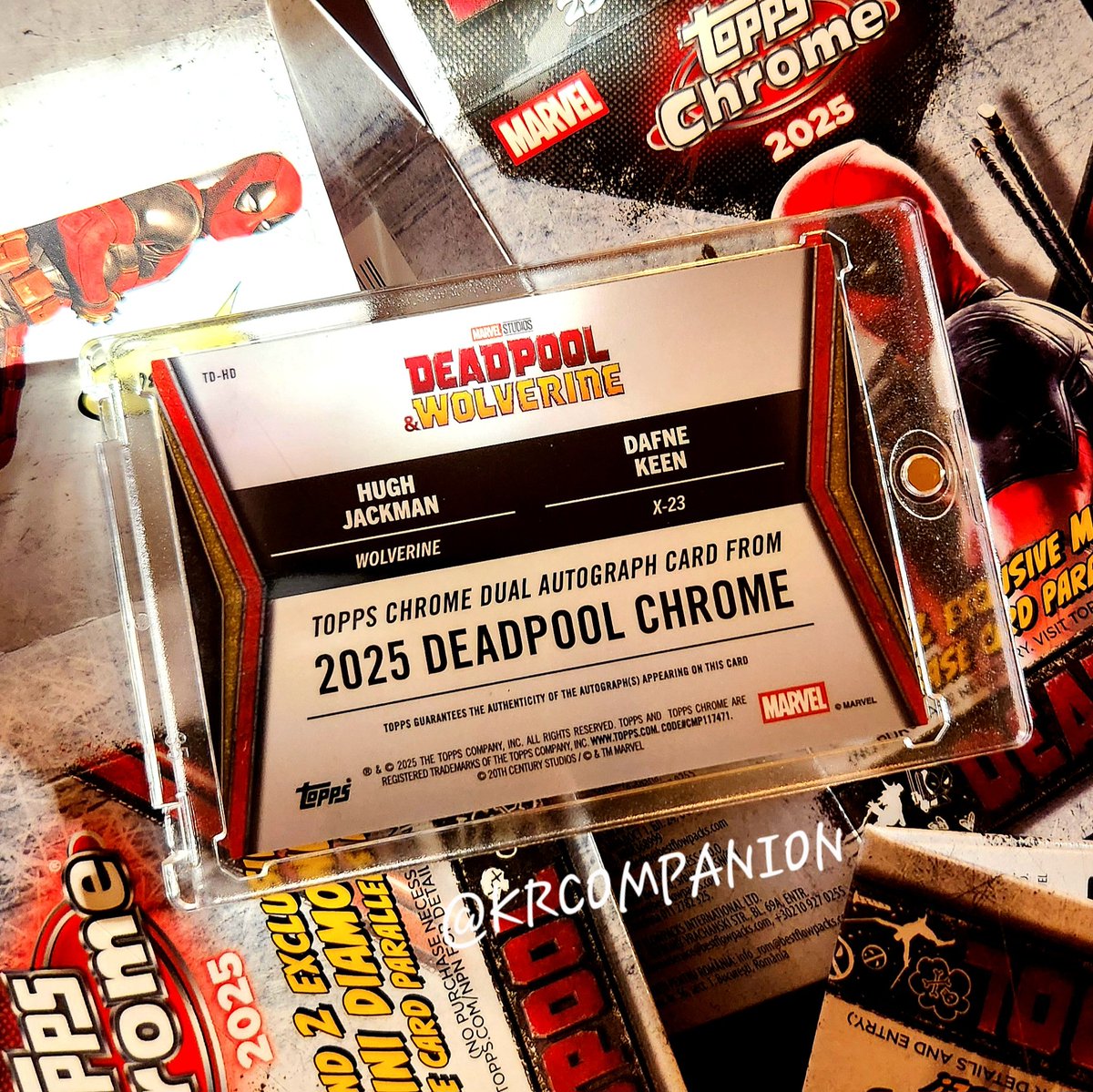 KRCompanion's tweet image. Had a gut feelin' the best autos for #Topps #Chrome #DeadpoolAndWolverine somehow ended up in blaster boxes. Bought a case from @SCCTradingCards - and it look what I pulled from it Bub! 14/15 Dual auto of #HughJackman &amp;amp; #DafneKeen! @Topps #HobbyHavoc @TheWorldClassBS @_fett4hire