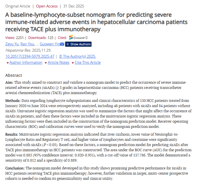 HepatomaRes's tweet image. 🛡️ Predicting Severe irAEs in HCC After TACE + Immunotherapy

Can baseline immune profiling identify patients at risk for severe immune-related adverse events?

🔗f.oaes.cc/xmlpdf/publish…
#HCC #Immunotherapy #TACE #PrecisionMedicine