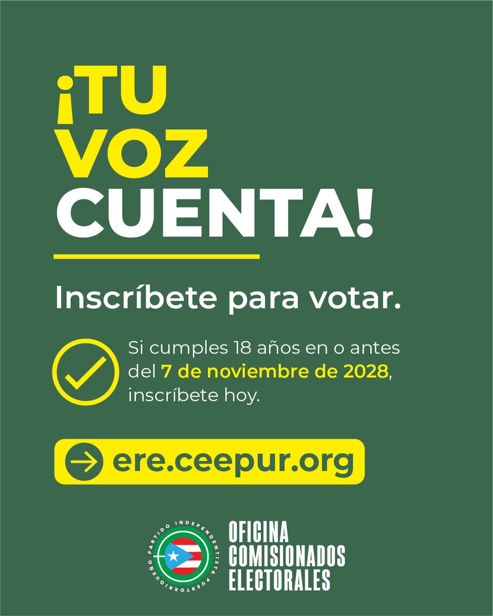 ComisionadoPIP's tweet photo. 🗳️ Si cumples 18 años en o antes del 7 de noviembre de 2028, este es tu momento.

¡Tu voz cuenta! Inscríbete hoy y prepárate para el 2028.

👉 https://t.co/DmuQb3lMHt

¡Súmate al cambio por la Esperanza! https://t.co/EYnmyqV5A6