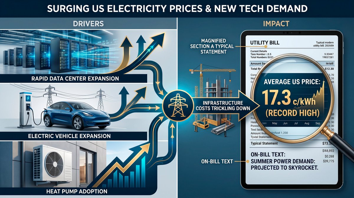 macro_context's tweet photo. The cost of keeping the lights on is surging across the US right now. Average electricity prices just hit a record high of 17.3 cents per kilowatt-hour this year, with some regions like eastern Pennsylvania seeing absolutely massive spikes.

A lot of this comes back to the massive energy requirements of our new tech infrastructure. Between the rapid expansion of data centers, electric vehicles, and heat pumps, summer power demand is projected to skyrocket over the next decade. Unfortunately, a lot of those infrastructure costs are trickling down to everyday customer bills.

It is definitely an economic issue that isn't getting enough attention. How much has your monthly power bill gone up over the last couple of years?