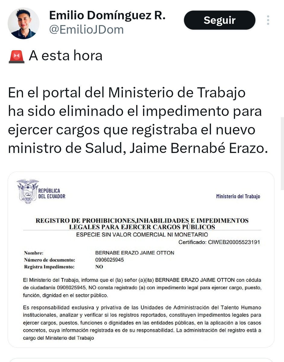 Gracias <a href="/EmilioJDom/">Emilio Domínguez R.</a>. Me disculpo por usar tus tuits para algo más que informar.

Vea <a href="/SoyCastillo593/">Andrés Castillo Maldonado</a>, todo esto en menos de un día. Ustedes son una máquina para “ir con todo” cuando se trata de ser lacayos de Daniel Noboa. Digo ustedes porque <a href="/haburbano/">Harold Burbano</a> también es parte del clan.