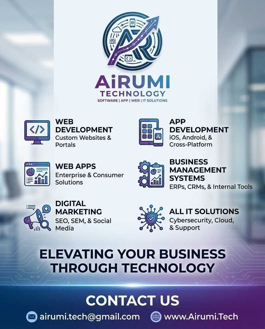 🖥️ Web | Apps | Web Apps | Business Systems | Digital Marketing | Cybersecurity
AiRumi Technology — Elevating Your Business Through Technology! 🚀
📩 airumi.tech@gmail.com
#WebDevelopment #SoftwareDevelopment