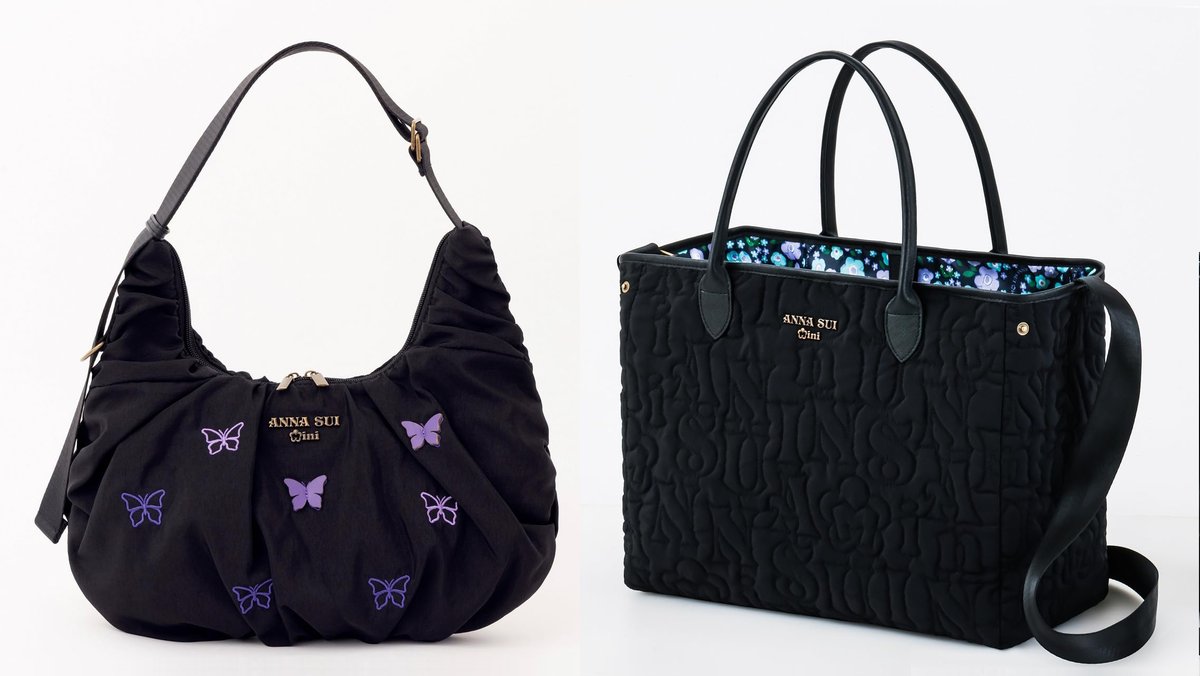 ▶ムック　「ANNA SUI mini」バッグ2種が登場

クロワッサンバッグ
★蝶の刺繍と立体パーツがポイント
★肩掛けと斜め掛けの2WAY

トートバッグ
★ブランドロゴのキルティングとフラワープリントのリバーシブル
★サイドのボタンを留めると舟形に変形

雑誌付録紹介ブログ　furoku.info/post-240781/