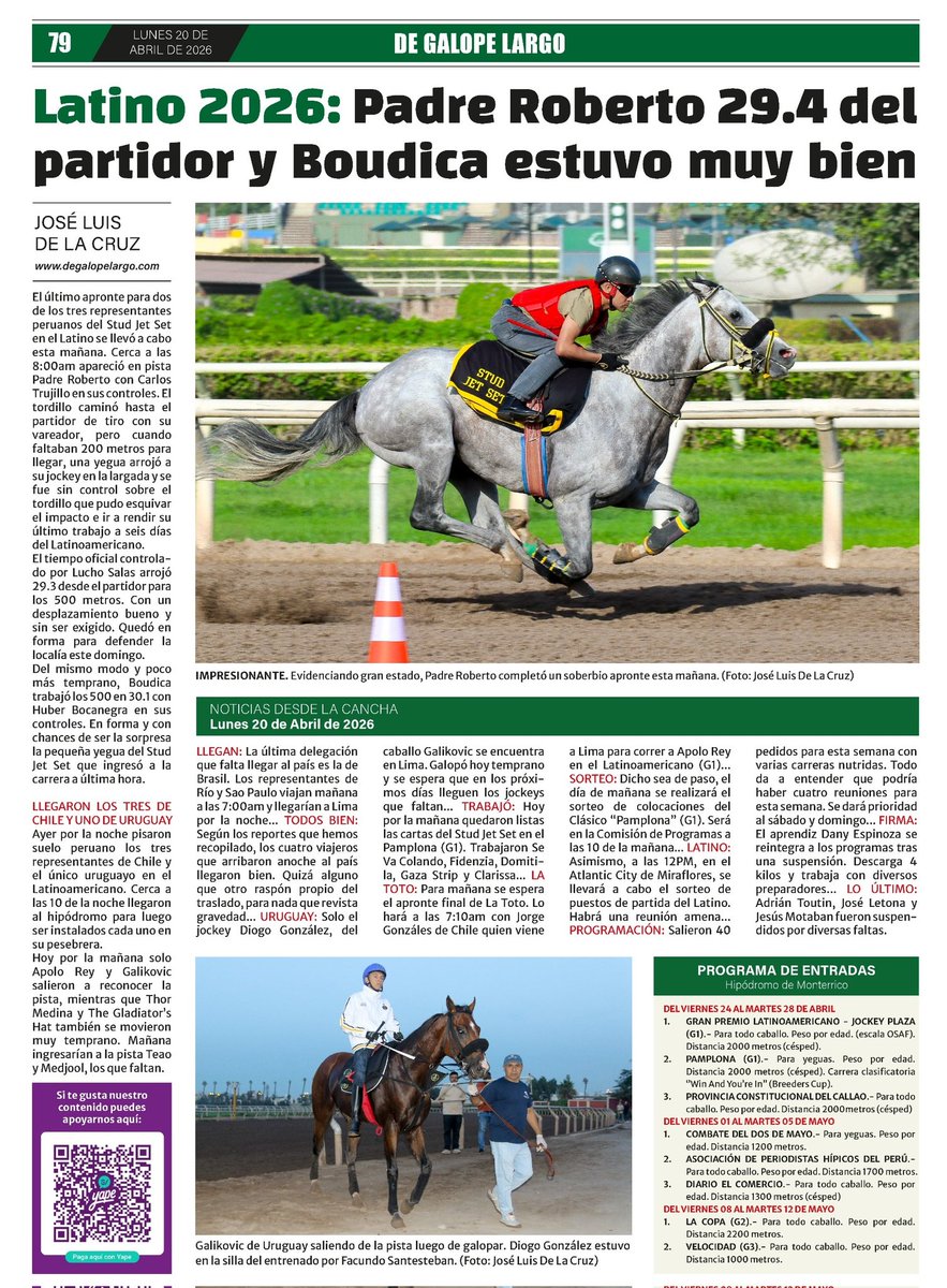 Novedades del GP Latinoamericano (G1-2.000 m) que se correrá el próximo domingo en el césped de MONTERRICO de la mano de DE GALOPE LARGO  #CaballosOSAF