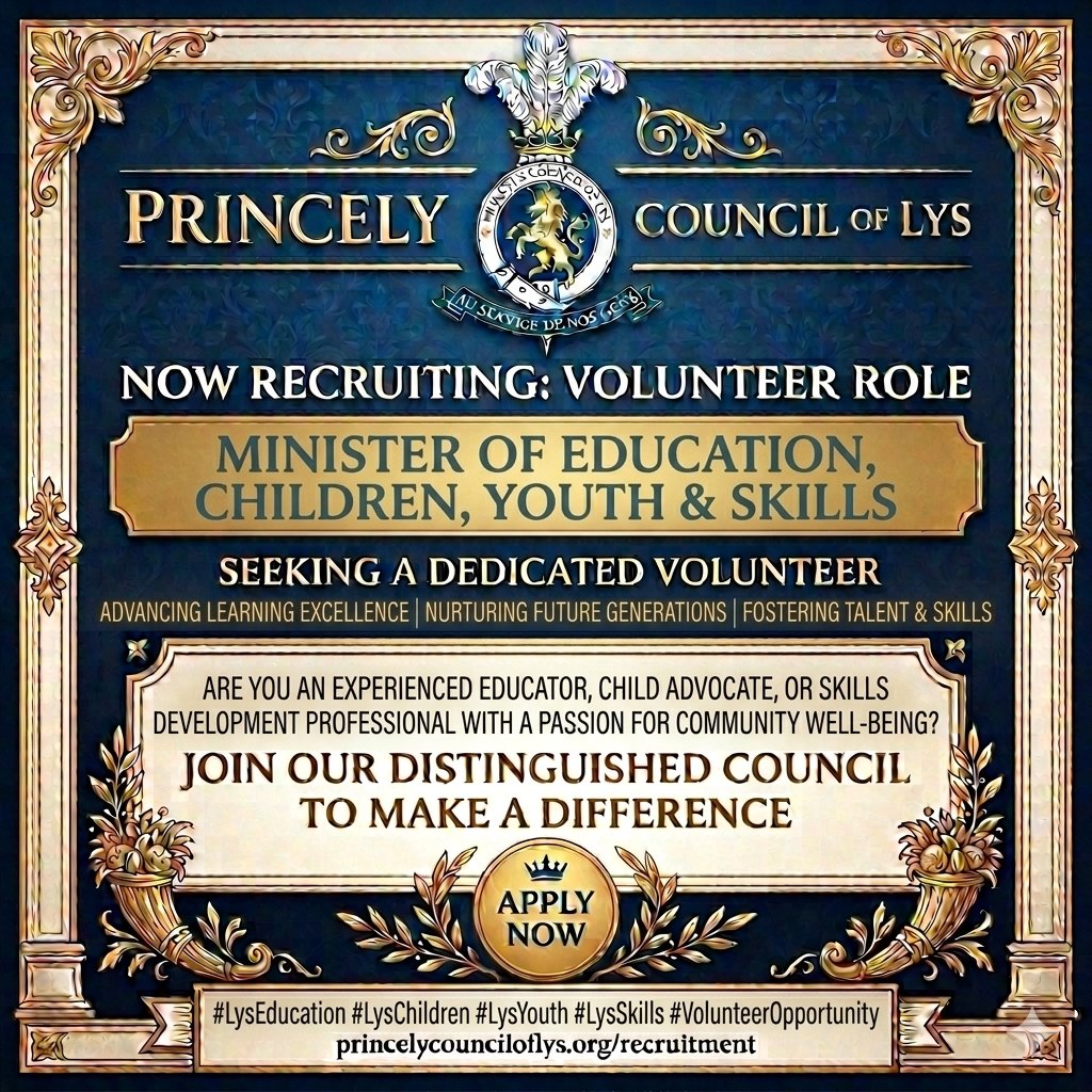 LysGov's tweet image. Shape the minds that will shape our future.
If you believe in accessible, inspiring, forward‑thinking education, Lys needs your leadership.
Volunteer to serve as Education Minister.
#LysEducation #FutureBuilders #Education #EducationMinister #Lys #PrincipalityofLys #Volunteer