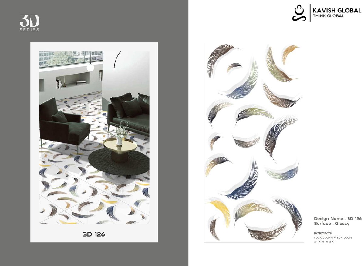 kavishglobal's tweet image. Discover the elegance of our 3D 126 surface glossy tiles! Perfectly sized at 600x1200 mm, they elevate any space with modern sophistication. Transform your interiors with Kavish Global. ✨ #InteriorDesign #Tiles #HomeDecor #KavishGlobal #GlossyFinish #3DTiles #LuxuryLiving