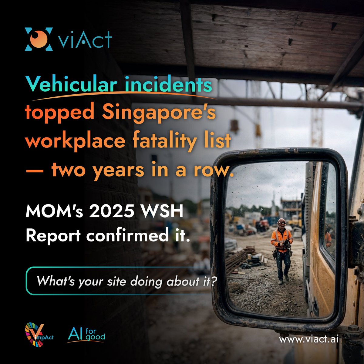 AiViact's tweet photo. Singapore just recorded its safest year on record 🇸🇬
Workplace fatal injury rate dropped to 0.96 per 100,000 workers.

But one stat stands out ⚠️
Vehicular incidents = 42% of all workplace deaths in 2025.

What is your site doing about it? 👇

#viAct #VehicularSafety #Singapore https://t.co/KIP3E9xIDw