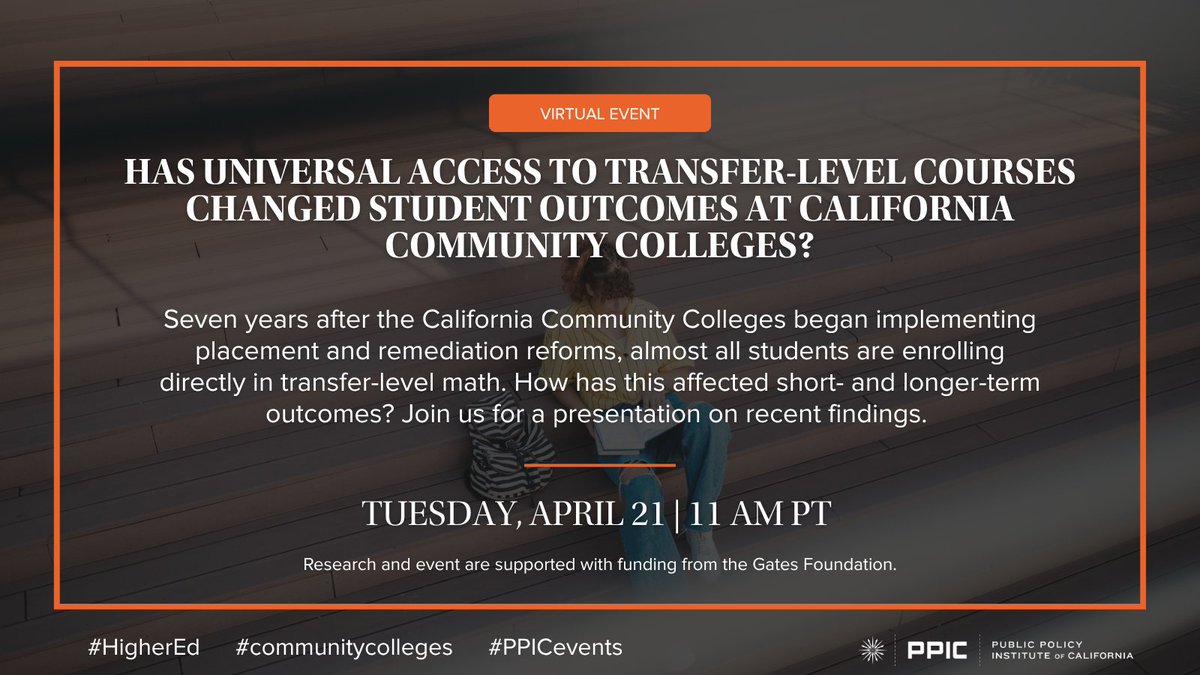 PPICNotes's tweet image. TOMORROW: Join us for a virtual briefing on a report that examines whether universal access to transfer-level courses has changed student outcomes at CA community colleges. #HigherEd

📚 Register: bit.ly/4sK1wGV