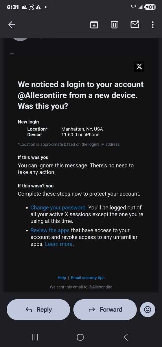Erlingrad's tweet photo. Alright guys, I HAVE BEEN HACKED

I've been logged out of my account by someone in Manhattan New York with an iOS passkey, and I don't even use Iphones.

So yeah, I've reported to X but I think they also changed my email as well because it was not working.

So yeah It may be over https://t.co/LqD06b2v97