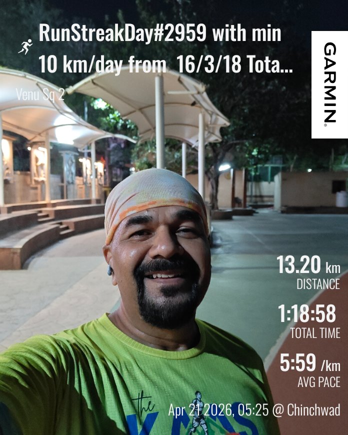RunnerStreak's tweet image. RunStreakDay#2959 with min 10 km/day from  16/3/18 Total-38,790 km
This Year - 1182 km
😊🏃🏃‍♂️🏃🏃🏃🏃😊
 
#runners #fitindiamovement #fitness #athletics #streakrunning #NewIndiaFitindia  #RunningStreak
#running #marathoner #runsteak #ultramarathon