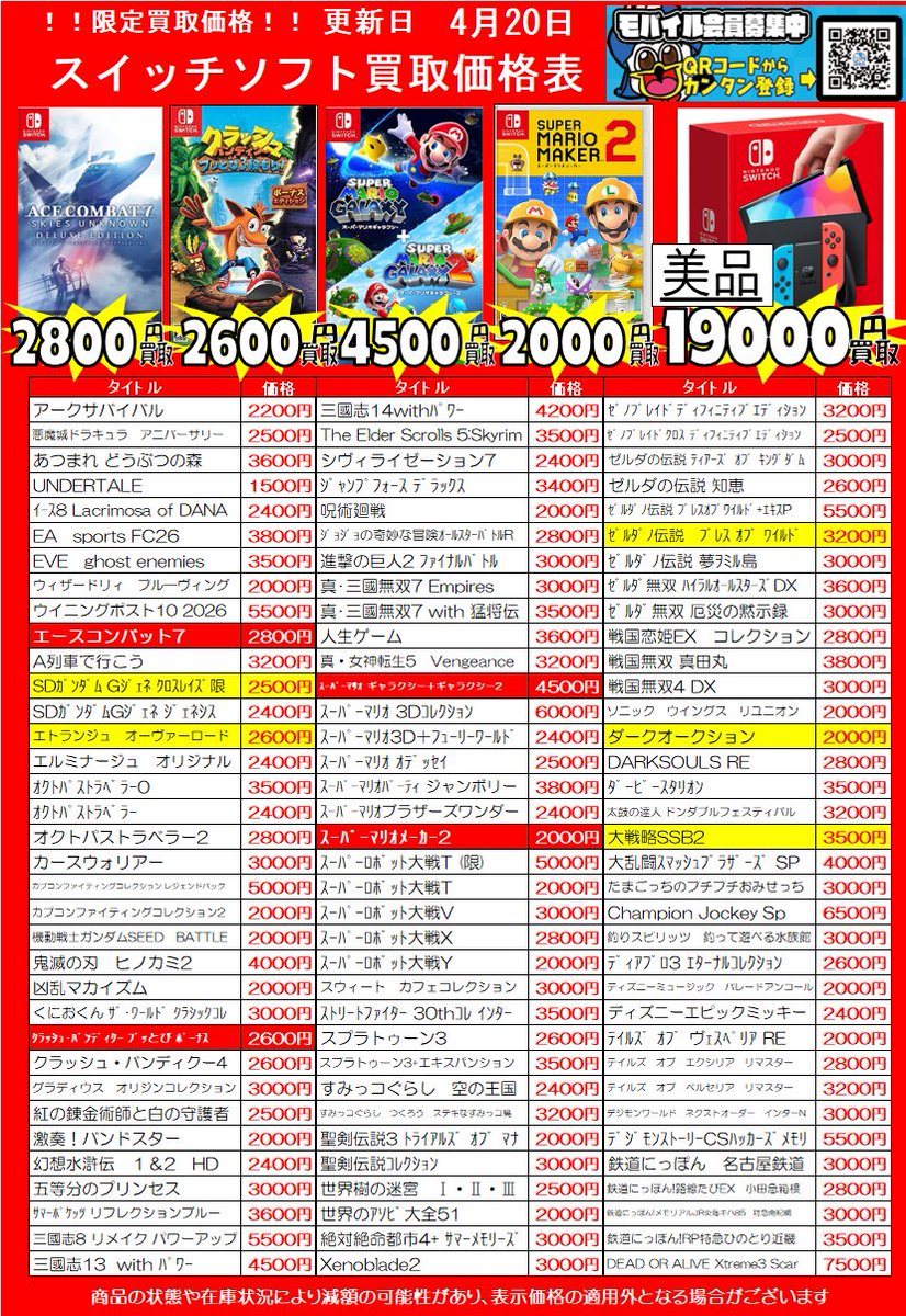 yanagyu1's tweet image. 🕺ゲームソフト買取価格更新させて頂きましたー🕺

🌟遊び終わったゲームはぜひ当店でお買取りさせてください🌟

商品の状態や在庫状況・相場状況により減額の可能性があり、表示価格の適用外となる場合がございます。

#スイッチ #PS5 #PS4 #買取