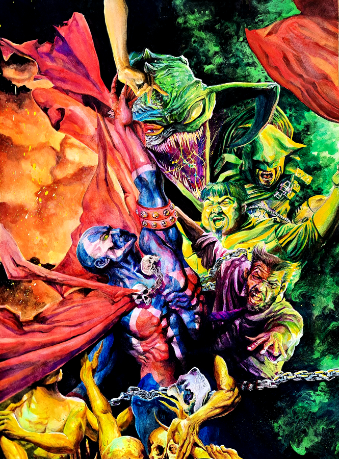 TheQmethod's tweet photo. hey, @Todd_McFarlane and guys at @mcfarlanetoys how about a cover with this bad boys?  #spawn #imagecomics #theQmethod #watercolor https://t.co/UHPtgVaDUi