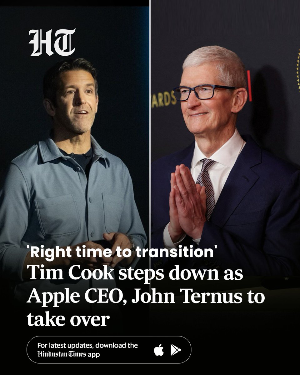 htTweets's tweet image. Apple CEO Tim Cook on Monday announced that he would be stepping down from the role, adding that the firm's head of hardware engineering, John Ternus, will taking over the role on September 1, 2026.

#Apple #TimCook

Know more 🔗hindustantimes.com/world-news/tim…