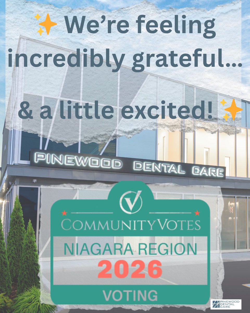 Pinewoodcare's tweet photo. ✨ We’re feeling incredibly grateful… and a little excited! ✨

Our office, our dentists, our hygienists, and our denturists have been nominated in the CommunityVotes Niagara Region 2026 💙

This means so much to us because it comes from YOU — our amazing patients and community.

Every smile we care for, every visit, every conversation… it all matters. And this nomination reminds us why we do what we do every single day ❤️

🗳️ Voting is NOW OPEN!

📅 April 15 (6:00 AM) – May 17 (11:59 PM)

Here’s how you can support us:

✔️ Click https://t.co/yhzTppCNoW
✔️ Login or register
✔️ Vote for your favourites in each category
✔️ You can vote for multiple businesses in the same category
✔️ One vote per registered email address

💬 If we’ve ever made you smile, eased your nerves, or helped you feel confident about your teeth… we would truly appreciate your vote.

Thank you for trusting us with your care — we don’t take that lightly 💙

📍 Pinewood Dental Care
📞 905-356-1900
🌐 https://t.co/dam5039P53

#CommunityVotesNiagara #NiagaraRegion #PinewoodDentalCare #SupportLocalNiagara #VoteForUs #LinkInBio #NiagaraFallsOntario #DentalCare #GratefulHeart #SmileWithConfidence #NiagaraDentist #HygieneTeam #DenturistCare