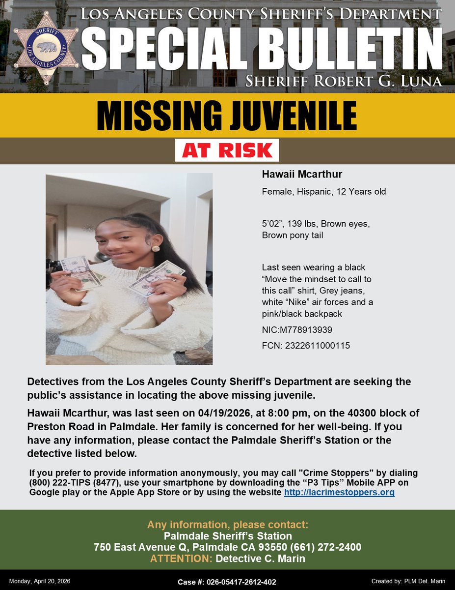 LASDHQ's tweet image. #LASD is Asking for the Public's Help Locating At-Risk Missing Juvenile, Hawaii Mcarthur, #Palmdale - nixle.us/H96GH
