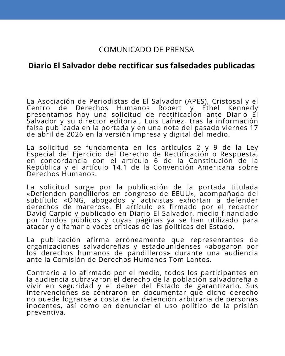 apeselsalvador's tweet photo. COMUNICADO 📢| El poder político decidió distorsionar en lugar de refutar con argumentos.

Este día, la APES, en conjunto con @Cristosal y @Kennedy_HRC, presentó una solicitud de rectificación ante @elsalvador tras la información falsa difundida por el medio el pasado 17 de abril https://t.co/nWnnYcvTZE