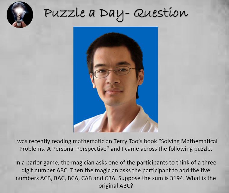 PuzzleADayBlog's tweet image. Puzzle: Terry Tao’s Three Digit Brainteaser

#puzzle #puzzles #puzzleaday