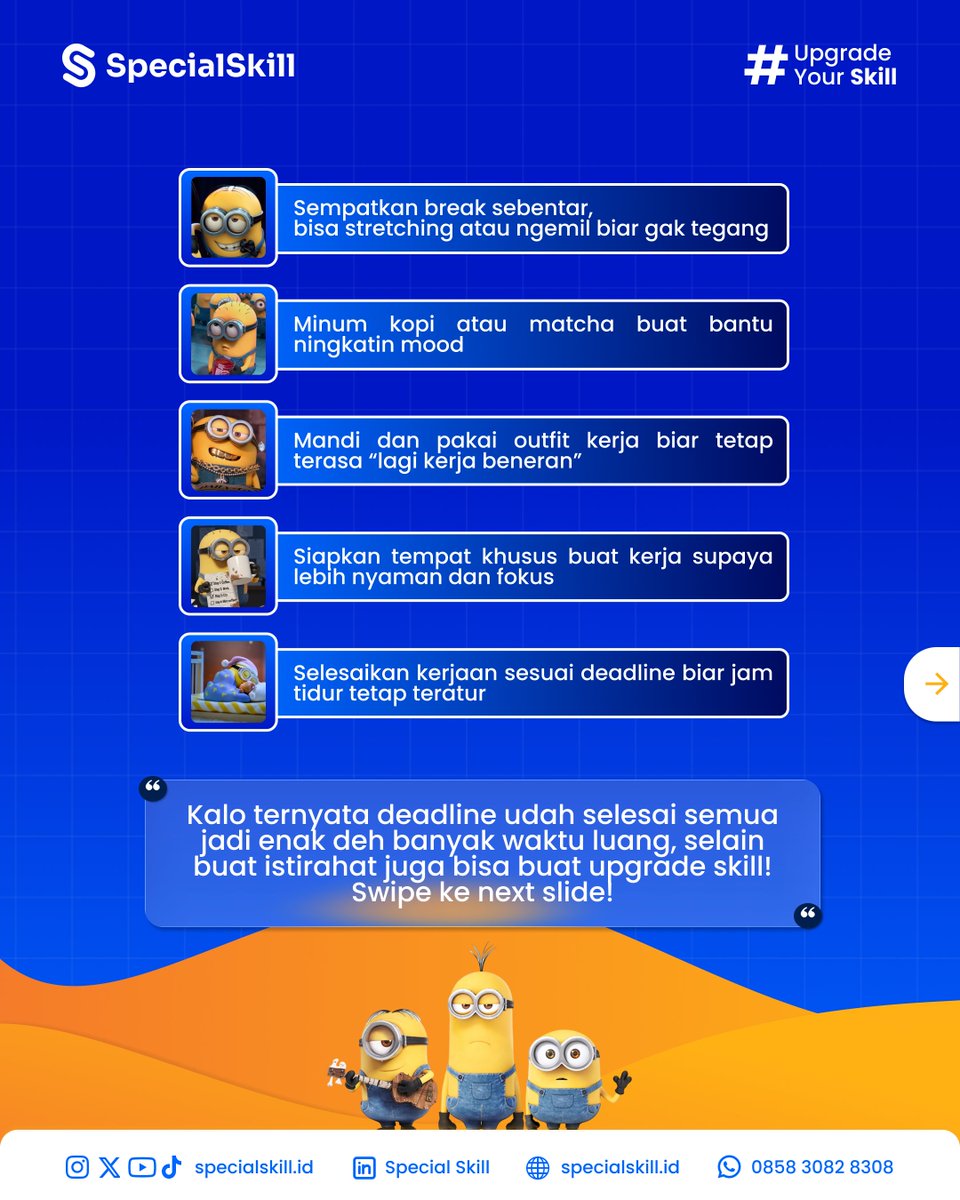 specialskillid's tweet image. Denger-denger, sekarang WFH udah mulai diterapin di tiap minggunya ya? Hayoo WFH jangan malah jadi banyak deadline dan begadang karena males-malesan yaaa! Ikutin Tips dari MinSkill dijamin anti jadi pemalas saat WFH!

#specialskill #wfh #freeclass #dataanalyst