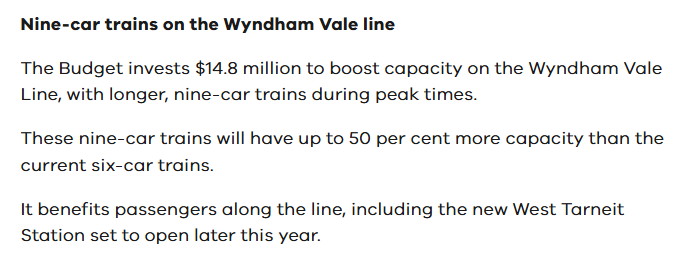 MelbOnTransit's tweet image. First the survey, now the announcement. Govt to fund 9 car trains on the Wyndham Vale line in next month's state budget. Media release here:  premier.vic.gov.au/west-wins-budg… #springst #VicBudget2026