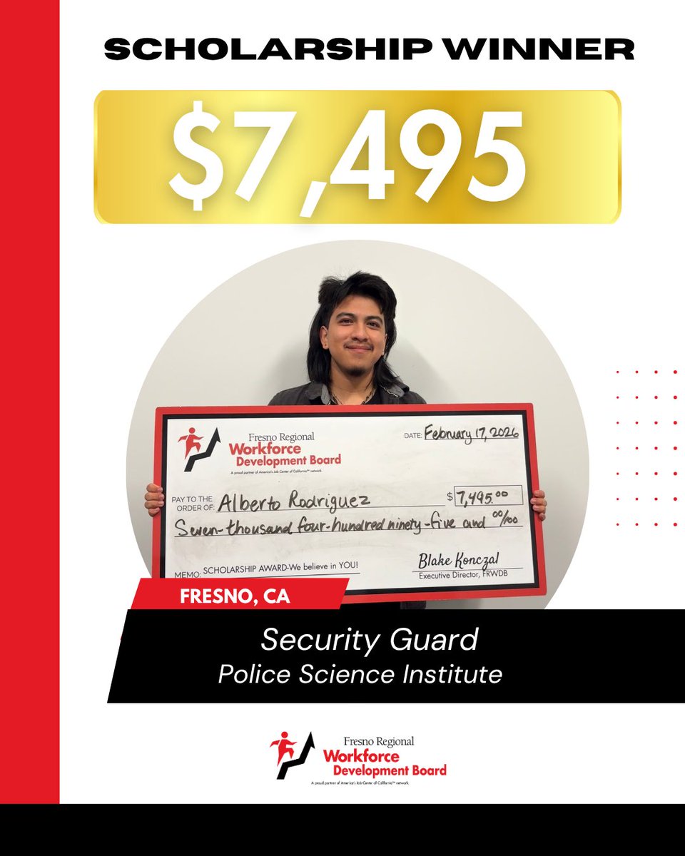 WDB_Fresno's tweet image. 🎉 Congratulations to this scholarship recipient from Fresno, CA!
They’ve received a $7,495 scholarship to pursue Security Guard training at Police Science Institute! 👮
Wishing you success in your public safety career! 👏
#ScholarshipWinner #PublicSafety #CareerTraining #FRWDB