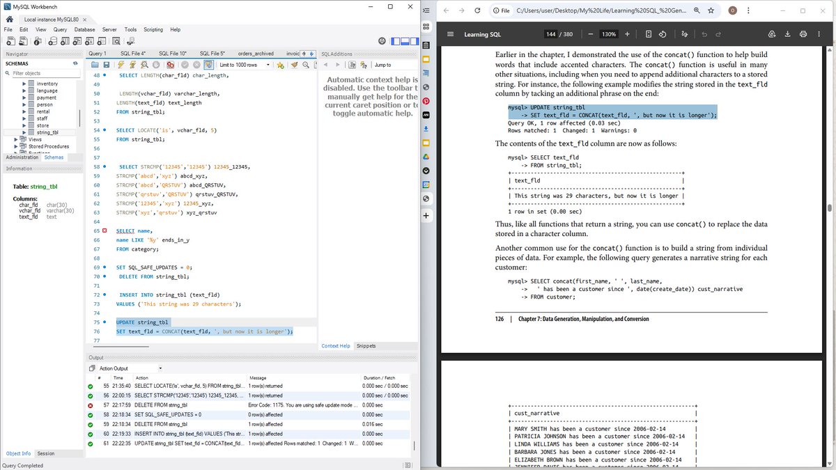 Marvee_da_Great's tweet image. Day 57 of #100DaysOfCode 🚀
Learnt SQL Str Functions

- LENGTH() — count characters
- POSITION() — find substring location
- STRCMP() — compare two strings
- CONCAT() — join strings together
- INSERT() — insert or replace character

#SQL #CodeNewbie #LearninginPublic #DataScience