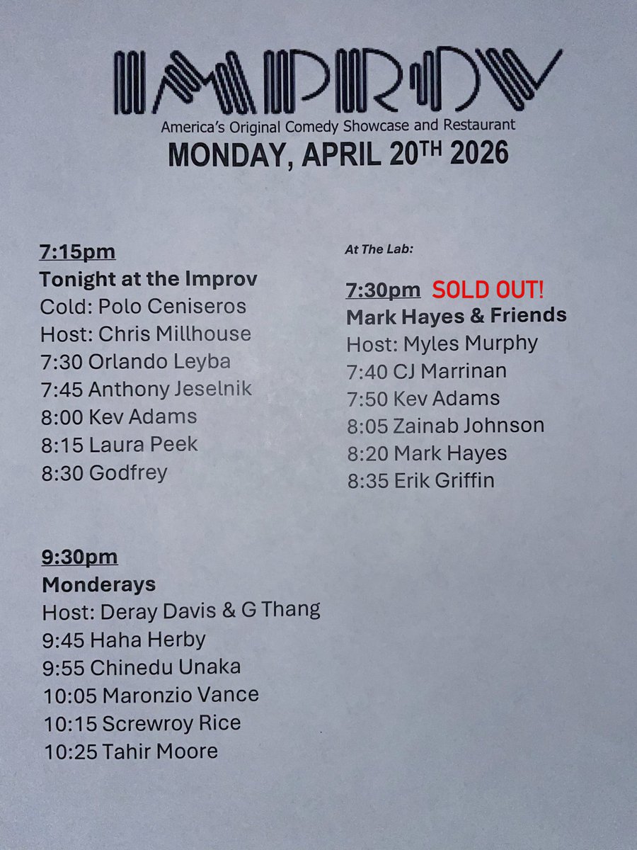HollywoodImprov's tweet image. Set times tonight! The Lab is Sold Out. Get the last tickets for the Main Room at hollywoodimprov.com or arrive early and buy at the door! #hollywoodimprov #comedy