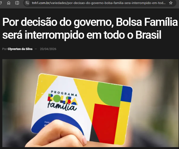 A máquina de fake news começa assim. Quem lê a manchete e não tem os conhecimentos necessários para buscar a informação além da manchete pensa que o governo vai acabar com o Bolsa Família.

O site tnh1 é divulgado no Google Notícias e coloca esse clickbait. Na verdade, a notícia,
