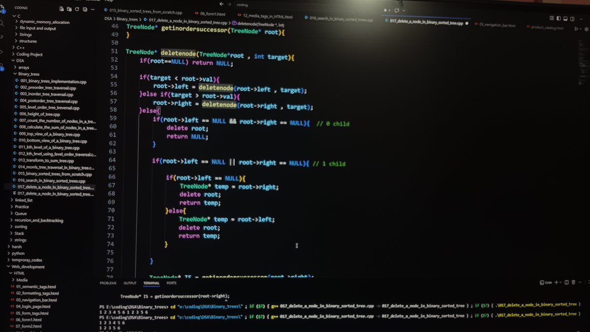 Priyanshu_1244's tweet image. Day 76: Solved Delete Node in BST (needed solution—harder than expected).
Finished HTML lectures—meta, SEO, media tags done.
#DSA #BST #WebDev #Consistency