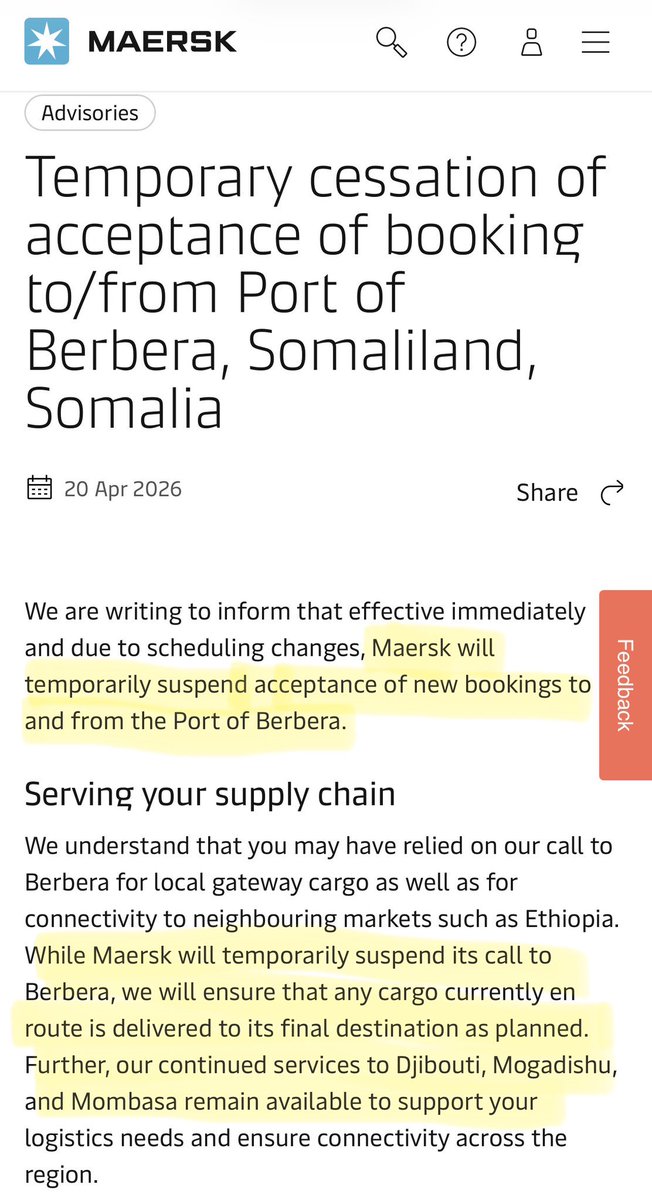 <a href="/Maersk/">Maersk</a> has suspended all bookings to Berbera Port. This is a significant setback for the secessionist project, considering a Port that was built with Somalia’s tax money was heavily politicized.