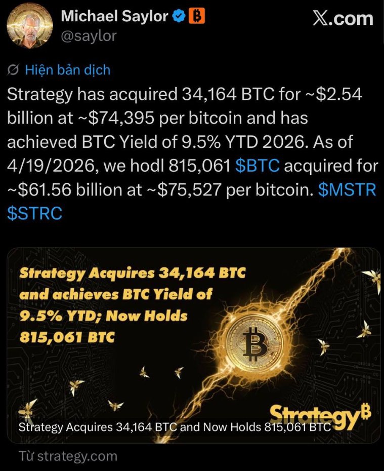 BachDang149's tweet image. Strategy just bought the dip harder than anyone 💀

34,164 BTC purchased at $74,395
that's $2.54B in one move bro

total stack now: 815,061 BTC
avg buy price: $75,527

this is not a trade. this is a conviction 🧠

when the biggest corporate BTC holder keeps adding at these