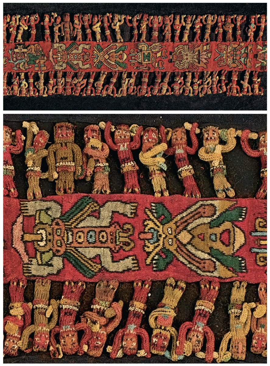 alb_giraldo's tweet photo. Estas figuras tridimensionales, obtenidas mediante la torsión de fibras, también adornaban los bordes de muchas de las prendas halladas los enterramientos de élite de los períodos #Paracas Necrópolis/#Topará (200 a.C.-200 d.C.) y #Nazca temprano (100-300/400 d.C.) y, en un caso, abarcan toda la superficie de un manto muy especial.
En un textil recientemente descubierto en #Cahuachi —el principal centro administrativo y ceremonial de la cultura Nazca—, encontrado en una ofrenda dentro de una urna de cerámica, se observan figuras tridimensionales que danzan y se balancean a lo largo del borde del manto, cuyo centro está lleno de criaturas marinas, orcas, una cabeza radiada y otros seres compuestos.
📸 Manto Nazca encontrado en el yacimiento de Cahuachi. Compuesto de tres paneles de pelo de camélido. Tejido llano con bucles cruzados. 281 x 123 cm. Museo Didáctico Antonini, Nazca. Ministerio de Cultura del #Perú.