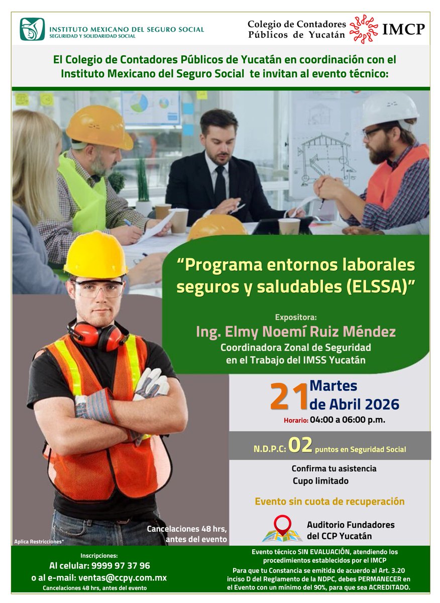 CCPYUC's tweet photo. El CCPY en coordinación con el IMSS, te invitan a participar en el evento "𝐏𝐫𝐨𝐠𝐫𝐚𝐦𝐚 𝐞𝐧𝐭𝐨𝐫𝐧𝐨𝐬 𝐥𝐚𝐛𝐨𝐫𝐚𝐥𝐞𝐬 𝐬𝐞𝐠𝐮𝐫𝐨𝐬 𝐲 𝐬𝐚𝐥𝐮𝐝𝐚𝐛𝐥𝐞𝐬 (𝐄𝐋𝐒𝐒𝐀)", mañana martes 21 de abril en las instalaciones de nuestro Colegio. https://t.co/dreYSOy655
