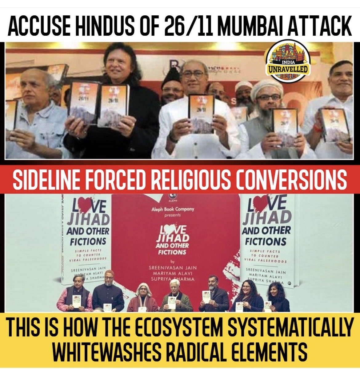 AmShonnad's tweet image. Mahesh Bhatt, Aziz Burkha, Diggi, Abu Bakra and Khurpi Singh launching 26/11 RSS ki Saazish. Shouldn't each one of them be publicly lynched in Hindu majority India. Offcourse, in any muslim majority nation they would have died long ago
