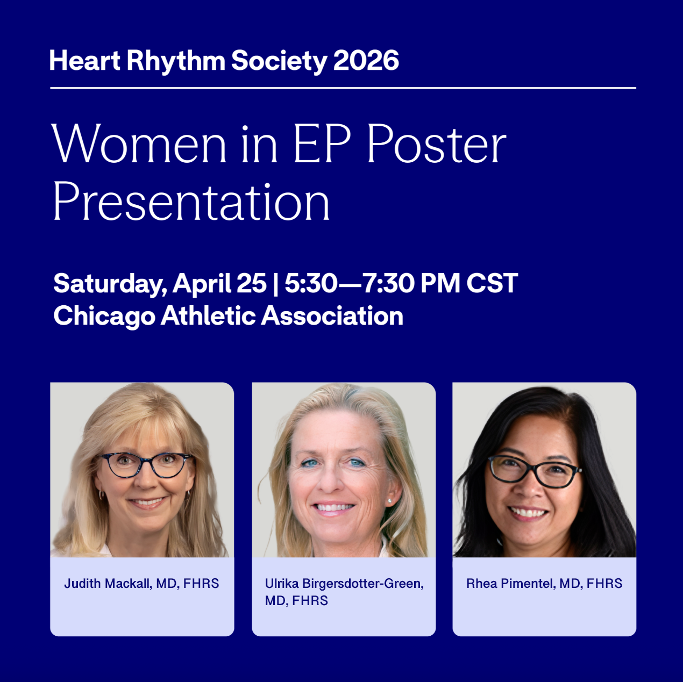 AbbottCardio's tweet image. Hear from women leaders in EP at #HRS2026!
In this session, Drs. Judith Mackall, Ulrika Birgersdotter-Green, and @rheapimentel3 take a look at key science authored by women and how their work can help advance #Cardiovascular care.

Sign up: bit.ly/WiEP26HRS
#EPeeps