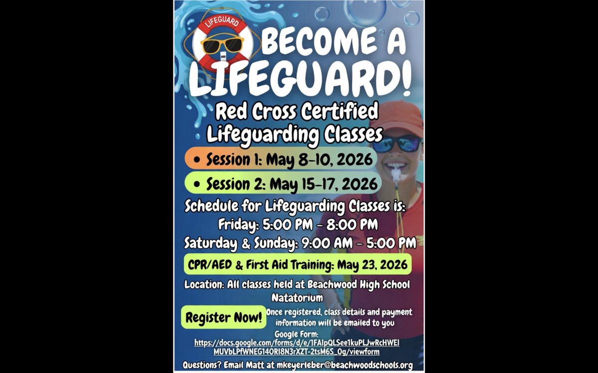 BisonAthletics's tweet image. Become a Lifeguard this summer! 

Red Cross Certified Lifeguarding Classes:
📅 May 8–10 or May 15–17, 2026
❤️ CPR/AED &amp;amp; First Aid: May 23
📍 Beachwood HS Natatorium
Spots are limited—sign up now!
👉 forms.gle/zrrHWLpjBGEdp3…

#Lifeguard #SummerJobs #CPR #RedCross