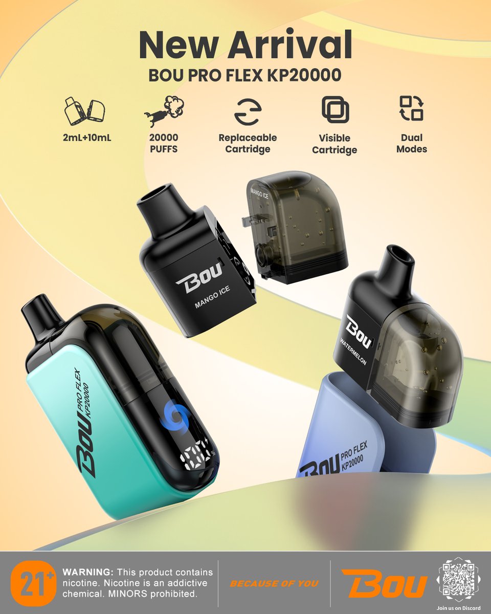 BOU_Global's tweet image. Say hello to the new BOU PRO FLEX KP 20000.
Designed for style, built for performance.

✅Coil Resistance: 0.95 Ω Mesh Coil
✅Up to: 20000 Puffs
✅E-liquid Capacity: 2 mL + 10 mL
✅Battery Capacity: 850 mAh
✅Nicotine Strength: 20 mg/mL
✅Charging Port: Type-C
#NewLaunch #BOUVape